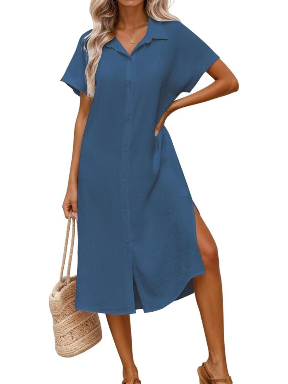 Women Haze Blue Polyester Coverup Button Down Shirt Beach Cover Up Short Sleeve